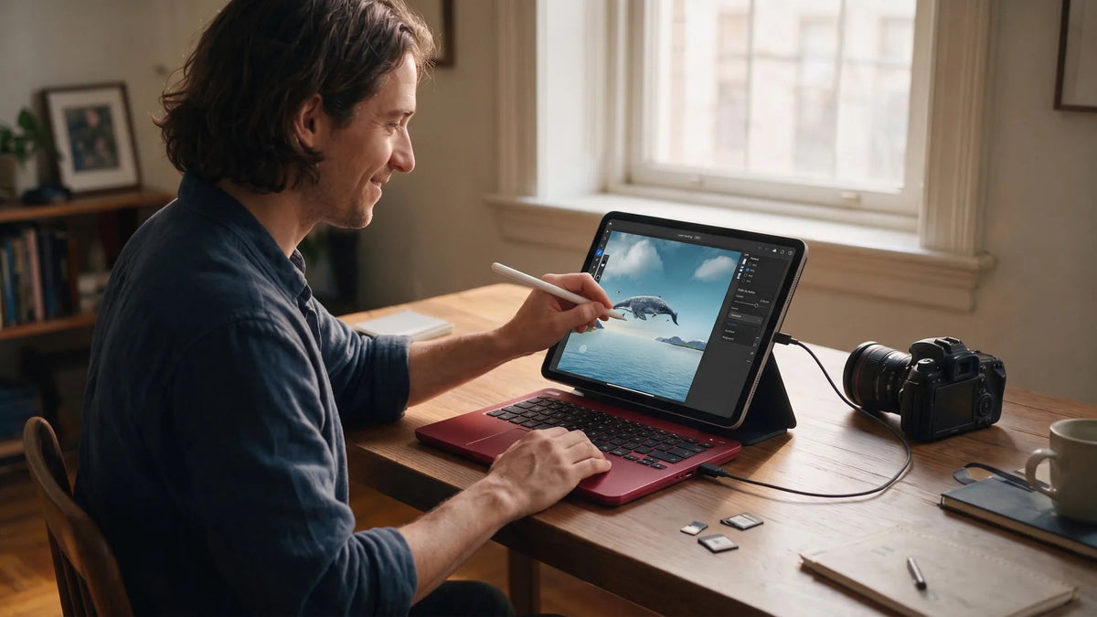 A tablet used as the display for a Hero Keyboard, with a stylus